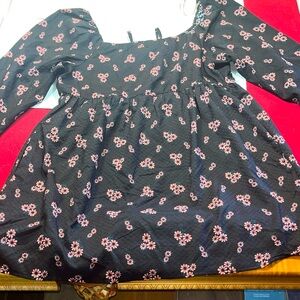 Wild Fable BLACK Pink FLORAL DRESS WIDE NECK FLARED Midi 2XL LONG PUFFY SLEEVES